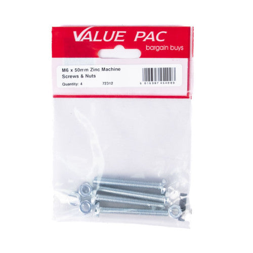 M6 x 50mm ZP Machine Screws & Nuts 4pk