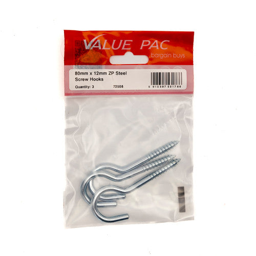 80mm x 12mm ZP Steel Screw Hooks (Pack of 3)