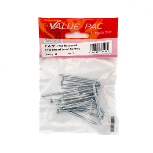 2" x 6 ZP Cross Recessed Hardened Twin Thread Woodscrews with Countersunk Head (Pack of 18)