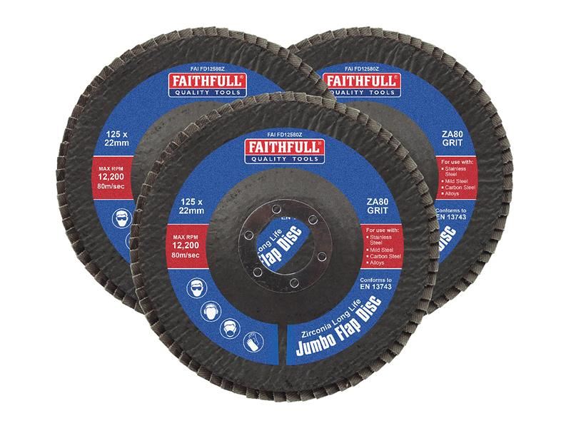 Faithfull Zirconia Abrasive Jumbo Flap Disc 125 x 22mm 80 Grit (3 Pack) Faithfull - RockBottom Northampton