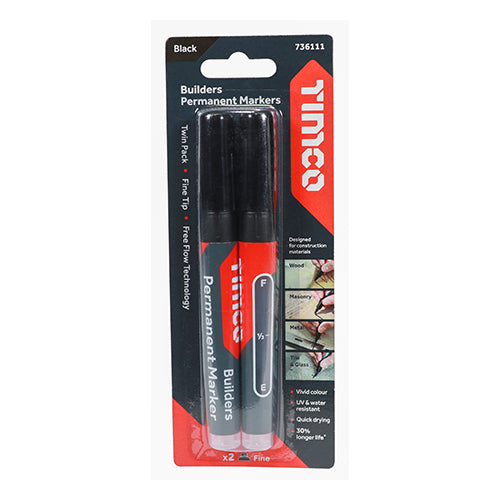 TIMCO Builders Permanent Markers Twin Pack Black - Fine Tip — Trade Pack
