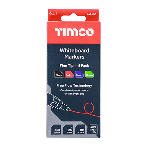 TIMCO Whiteboard Markers Fine Tip Mixed Colours - Fine Tip Four Pack