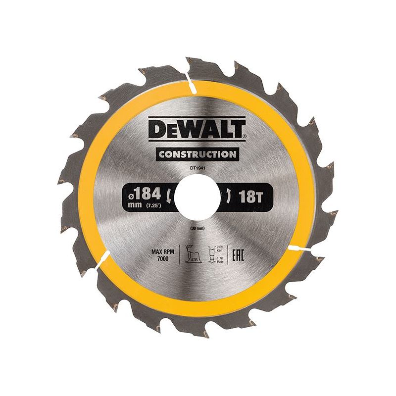 Dewalt Power Tools Portable Construction Circular Saw Blade 184 x 30mm x 18T DeWALT Power Tools - RockBottom Northampton