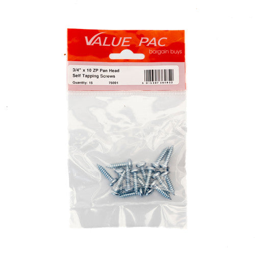 3/4" x 10 Pozi Pan Head ZP Self Tapping Screws (Pack of 15)