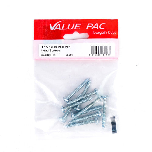 1 1/2" x 10 Pozi Pan Head ZP Self Tapping Screws (Pack of 10)