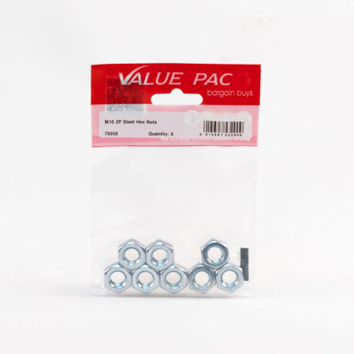 M10 ZP Steel Hex Nuts 8pk