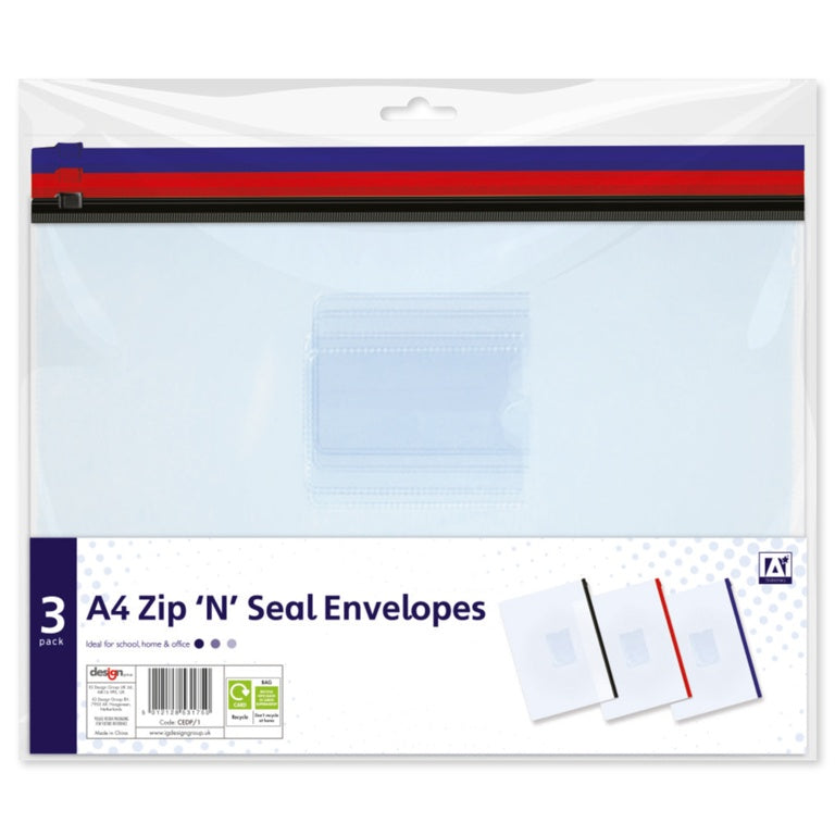 Ig Design A4 Zip & Seal Plastic Envelopes Pack 3