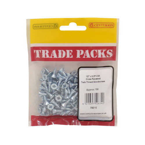 Pozi Twinthread Countersunk Woodscrews - Zinc Plated - 1/2" x 8 - (150 PK)