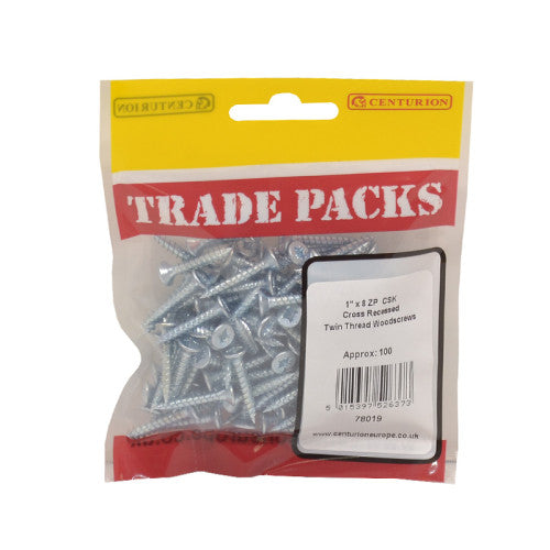 Pozi Twinthread Countersunk Woodscrews - Zinc Plated - 1" x 8 - (100 PK)