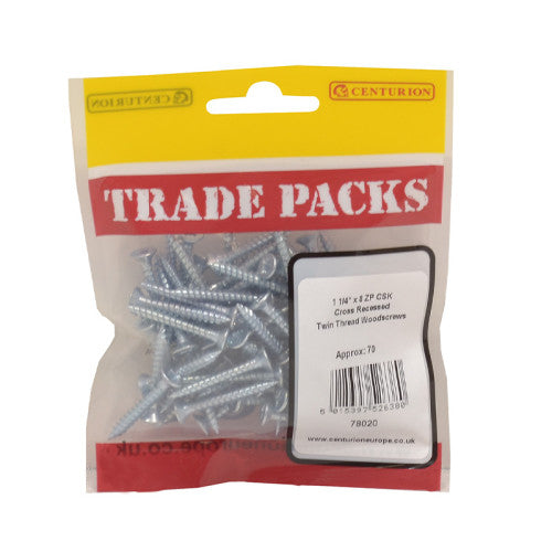 Pozi Twinthread Countersunk Woodscrews - Zinc Plated - 1 1/4" x 8 - (70 PK)
