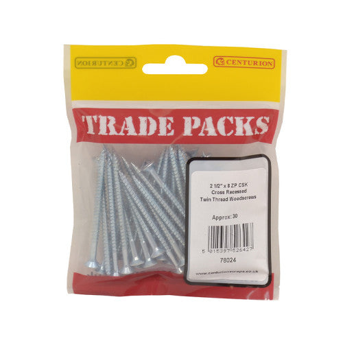 Pozi Twinthread Countersunk Woodscrews - Zinc Plated - 2 1/2" x 8 - (30 PK)