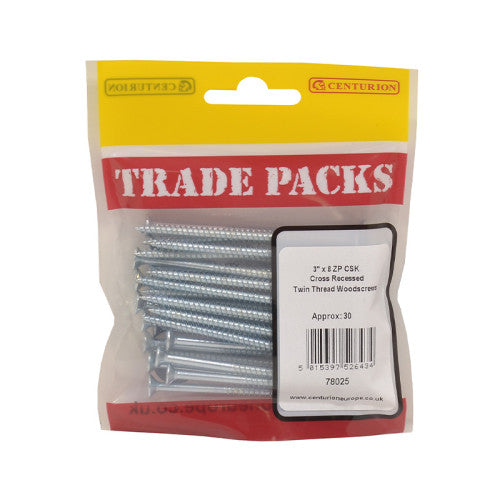 Pozi Twinthread Countersunk Woodscrews - Zinc Plated - 3" x 8 - (30 PK)