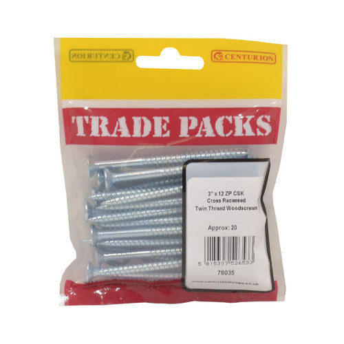 Pozi Twinthread Countersunk Woodscrews - Zinc Plated - 3" x 12 - (20 PK)