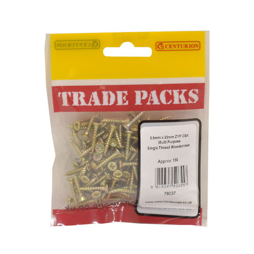 Pozi Multi Purpose Countersunk Woodscrews - Zinc Yellow Passivated - 3.5mm x 20mm - (150 PK)
