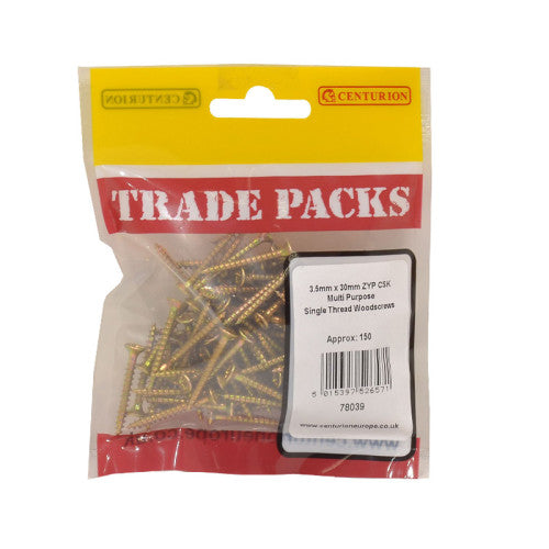 Pozi Multi Purpose Countersunk Woodscrews - Zinc Yellow Passivated - 3.5mm x 30mm - (150 PK)