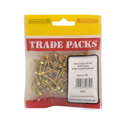 Pozi Multi Purpose Countersunk Woodscrews - Zinc Yellow Passivated - 4mm x 15mm - (150 PK)