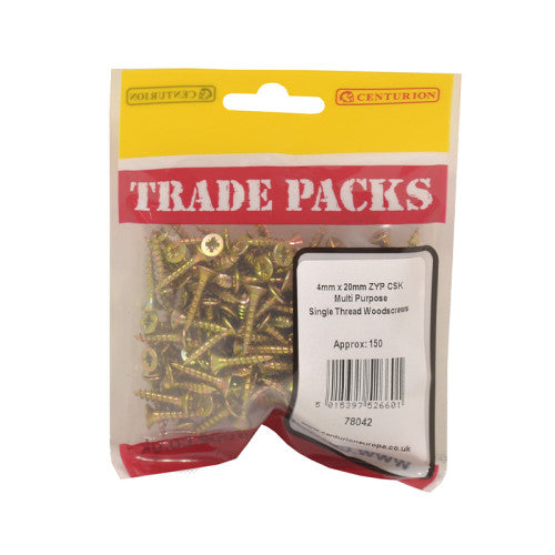 Pozi Multi Purpose Countersunk Woodscrews - Zinc Yellow Passivated - 4mm x 20mm - (150 PK)
