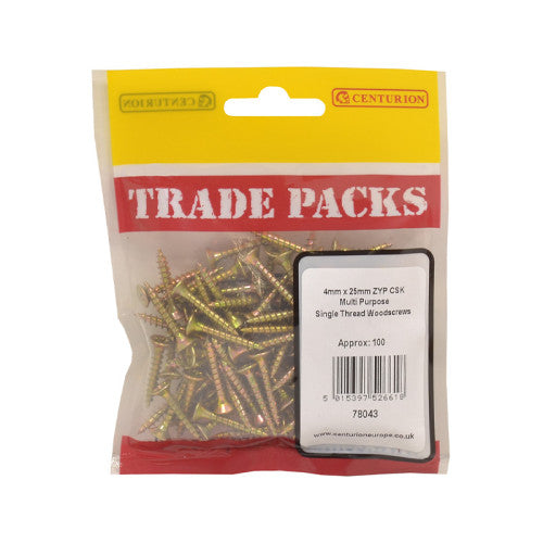 Pozi Multi Purpose Countersunk Woodscrews - Zinc Yellow Passivated - 4mm x 25mm - (100 PK)