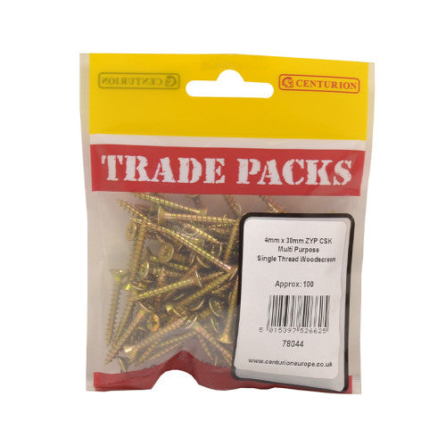 Pozi Multi Purpose Countersunk Woodscrews - Zinc Yellow Passivated - 4mm x 30mm - (100 PK)