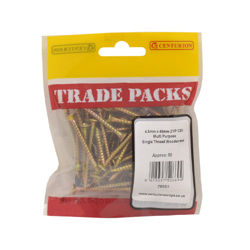 Pozi Multi Purpose Countersunk Woodscrews - Zinc Yellow Passivated - 4.5mm x 45mm - (50 PK)