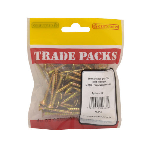 Pozi Multi Purpose Countersunk Woodscrews - Zinc Yellow Passivated - 5mm x 40mm - (50 PK)