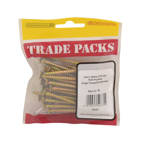 Pozi Multi Purpose Countersunk Woodscrews - Zinc Yellow Passivated - 5mm x 60mm - (30 PK)