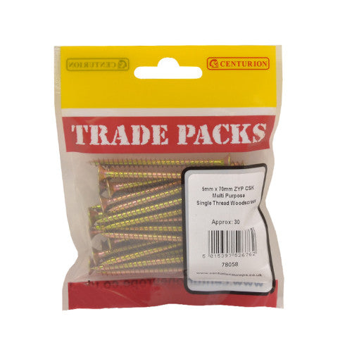 Pozi Multi Purpose Countersunk Woodscrews - Zinc Yellow Passivated - 5mm x 70mm - (30 PK)