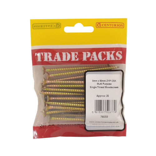 Pozi Multi Purpose Countersunk Woodscrews - Zinc Yellow Passivated - 5mm x 80mm - (20 PK)