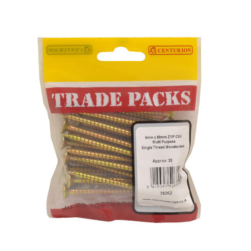 Pozi Multi Purpose Countersunk Woodscrews - Zinc Yellow Passivated - 6mm x 80mm - (20 PK)