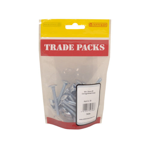 Cup Square Carriage Bolts & Nuts - Zinc Plated - M6 x 75mm - (25 PK)