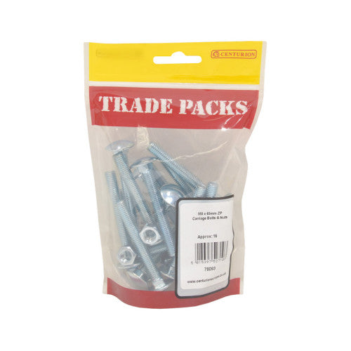 Cup Square Carriage Bolts & Nuts - Zinc Plated - M8 x 65mm - (16 PK)