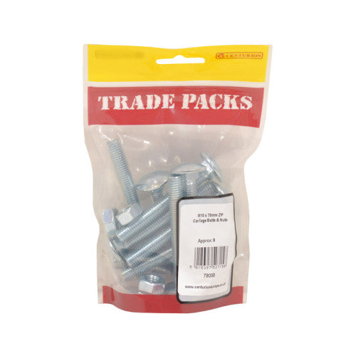 Cup Square Carriage Bolts & Nuts - Zinc Plated - M10 x 75mm - (9 PK)