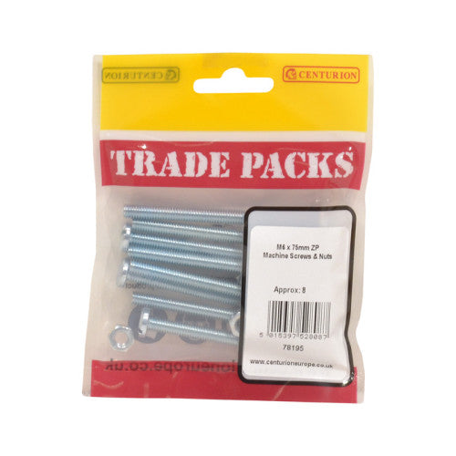 Machine Screws & Nuts - Zinc Plated - M6 x 75mm - (8 PK)
