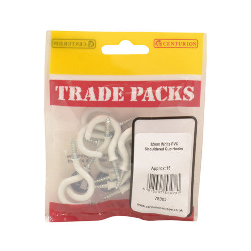 Shouldered Cup Hooks - White PVC - 32mm - (15 PK)
