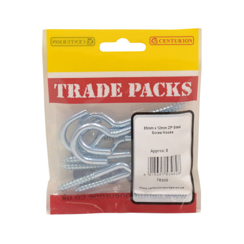 Steel Screw Hooks - Zinc Plated - 80mm x 12mm - (8 PK)