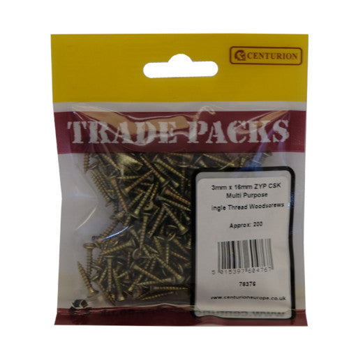 Multi Purpose Single Thread Countersunk Pozi Screws - 3mm x 16mm - Zinc Yellow Passivated - Pack of 200
