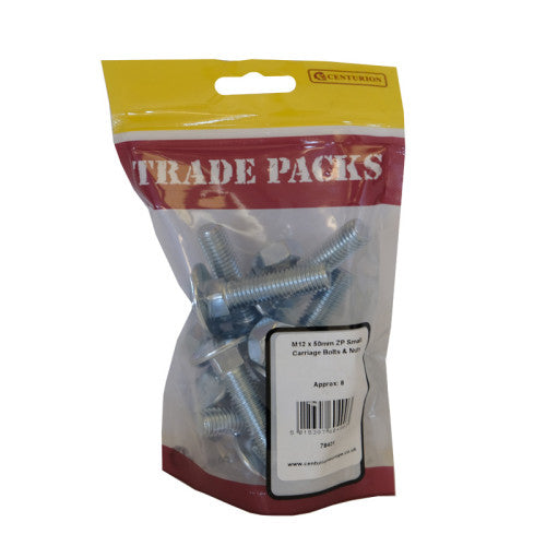 Cup Square Small Carriage Bolts & Nuts - Zinc Plated - M12 x 50mm - (Pack of 8)