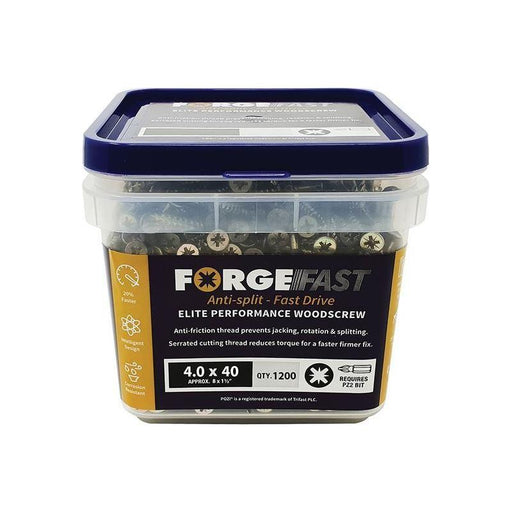Forgefix ForgeFast Pozi Compatible Elite Performance Wood Screw ZY 4.0 x 40mm Tub 1200 ForgeFix - RockBottom Northampton