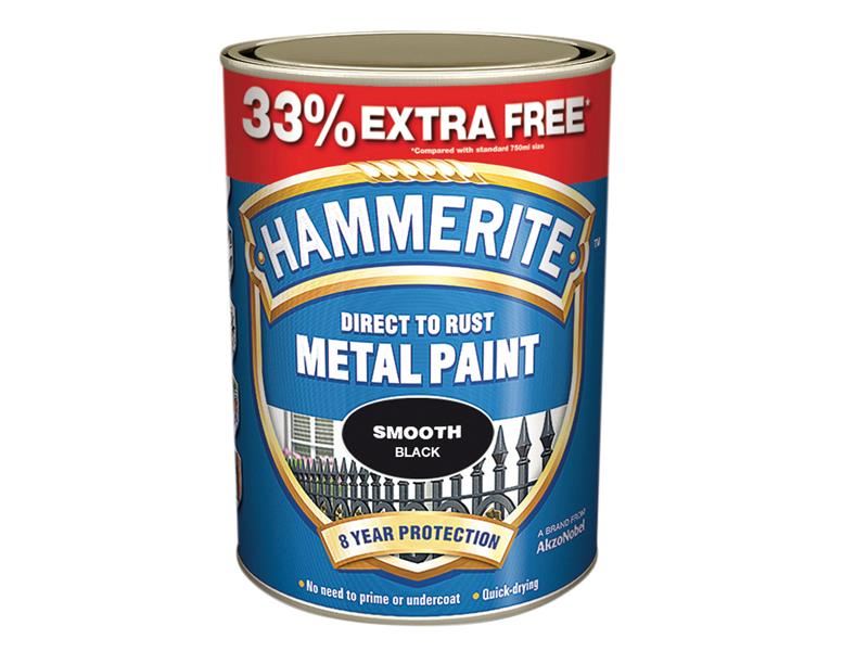 Hammerite Direct to Rust Smooth Finish Metal Paint Black 750ml + 33% Hammerite - RockBottom Northampton
