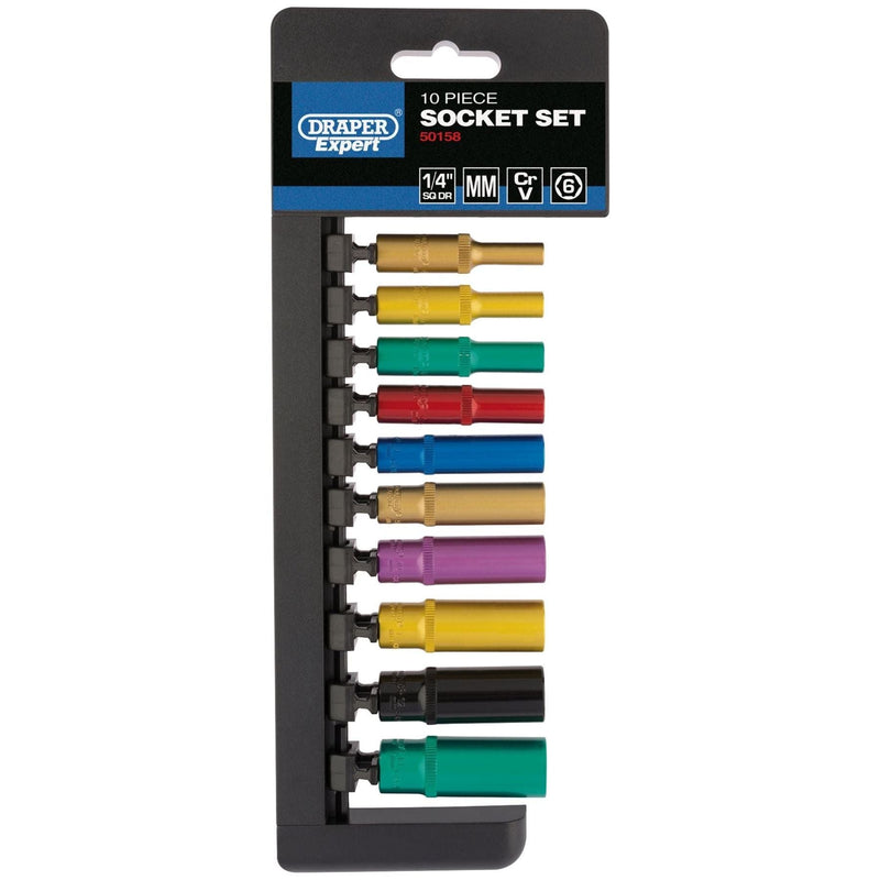 Draper Metric Coloured Deep Socket Set, 1/4" Sq. Dr. (10 Piece) 50158 Draper - Town Tools 