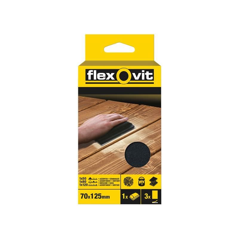 Flexovit Hook & Loop Sanding Block Kit Assorted 70 x 125mm (Pack 3) Flexovit - RockBottom Northampton