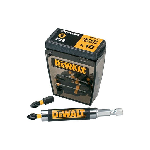 Dewalt Power Tools Extreme Impact Torsion Bits PZ2 (Tic Tac Box 15) and Holder DeWALT Power Tools - RockBottom Northampton