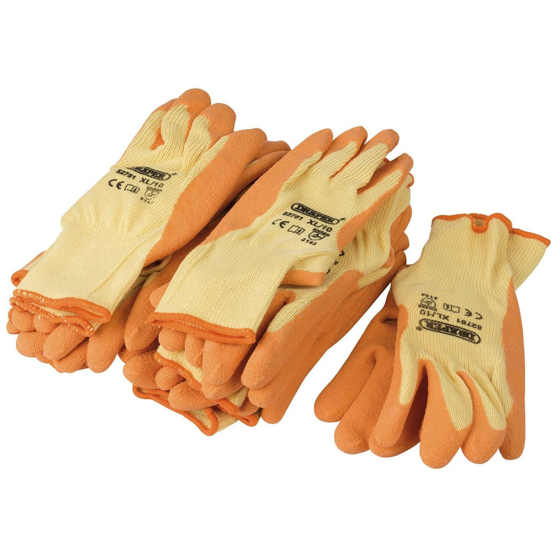 Draper Heavy Duty Latex Coated Work Gloves, Extra Large, Orange (Pack of 10) Draper - Town Tools 