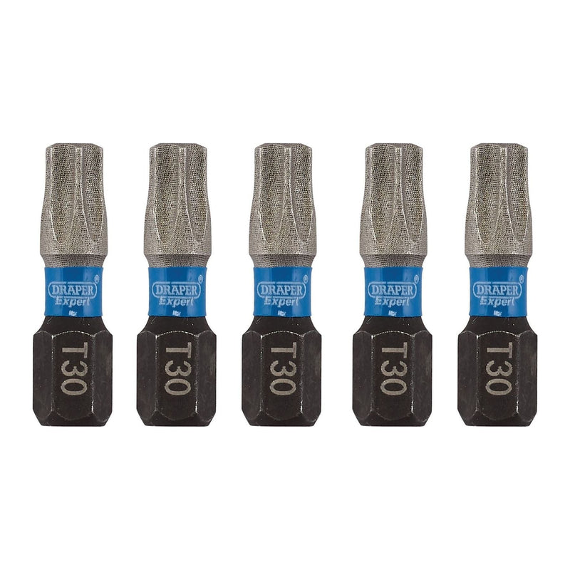 Draper Expert TX-STAR Impact Screwdriver Bits, T30 x 25mm, 1/4" Hex (Pack of 5) Draper - Town Tools 