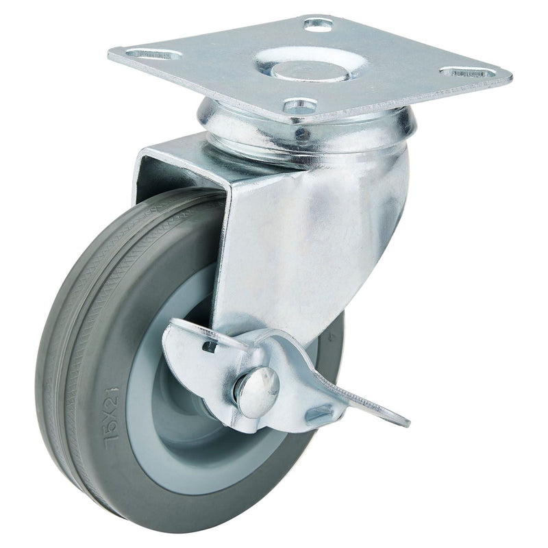 Draper Swivel Plate Fixing Rubber Castor with Brake, 75mm Diameter, S.W.L. 70kg Draper - Town Tools