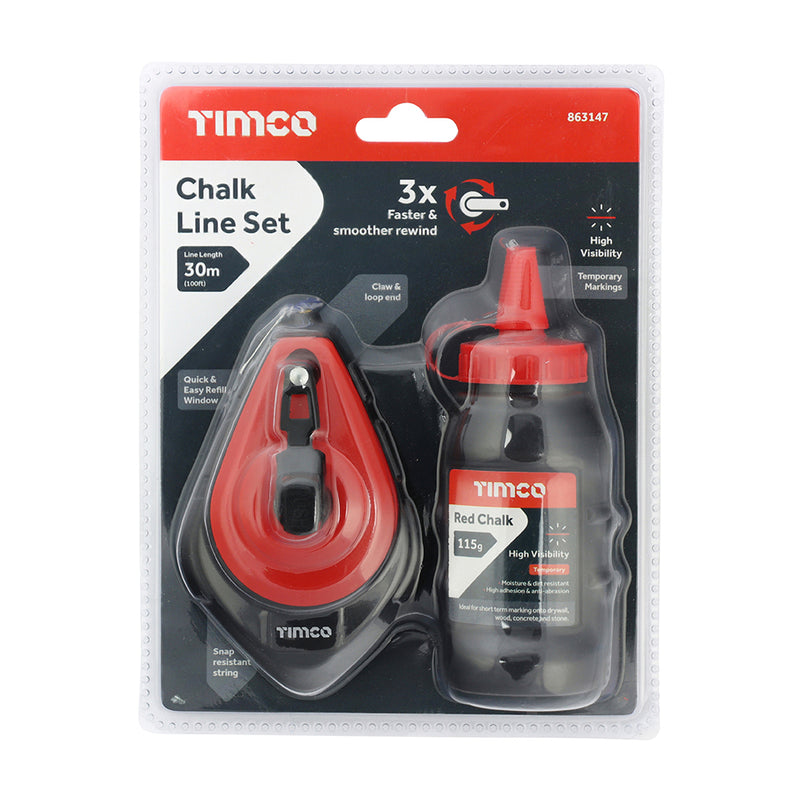 TIMCO Chalk Line Set, Builders String Line, Surveyors Marker, Red Powder