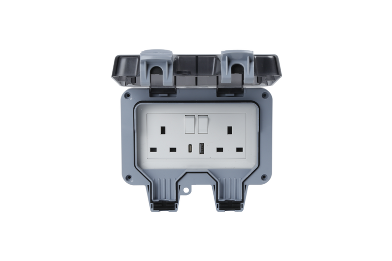Securlec Double Outdoor Weatherproof 2 Gang Switched Socket With USB-A & USB-C IP66