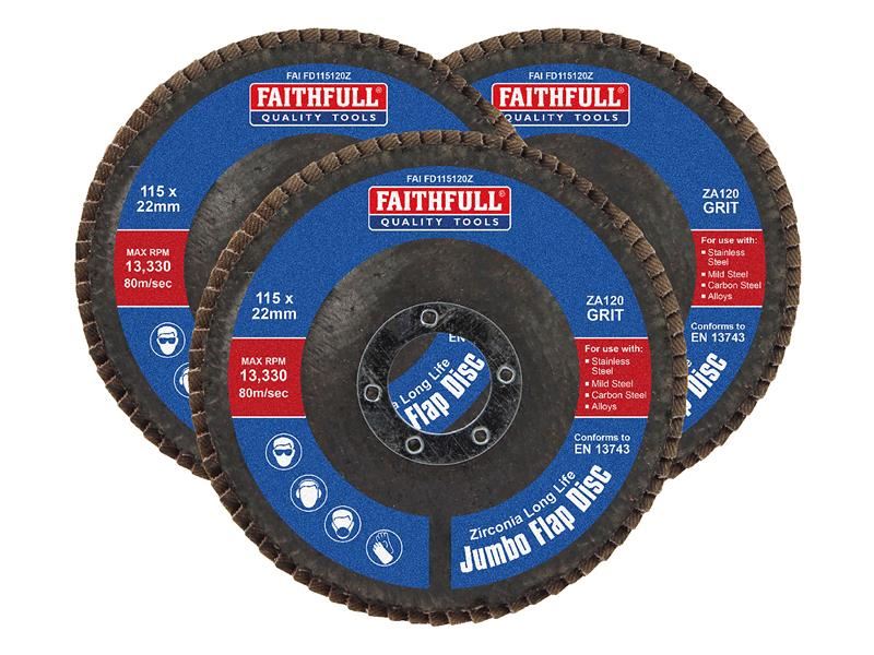 Faithfull Zirconia Abrasive Jumbo Flap Disc 115 x 22mm 120 Grit (3 Pack) Faithfull - RockBottom Northampton