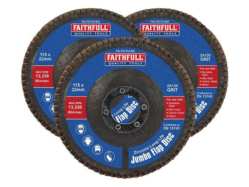 Faithfull Zirconia Abrasive Jumbo Flap Disc 115 x 22mm 120 Grit (3 Pack) Faithfull - RockBottom Northampton