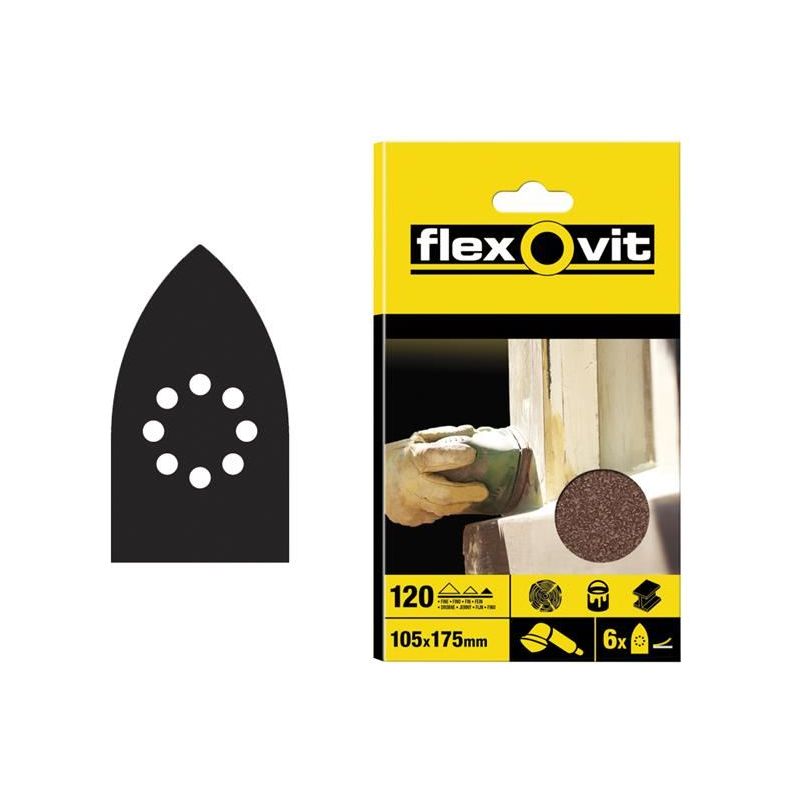 Flexovit Detail Hook & Loop Sanding Sheets 105x175mm Fine 120G (Pack 6) Flexovit - RockBottom Northampton